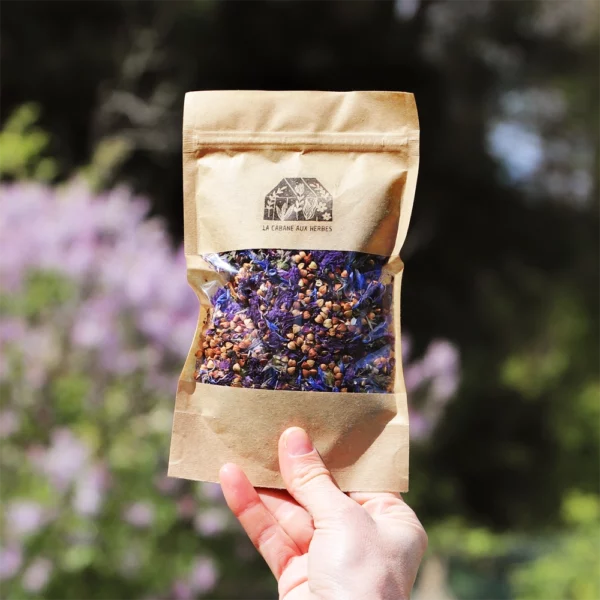tous nos produits sont disponibles à l'unité sur notre boutique en ligne, comme ce sobacha aux fleurs de bleuet et mauve par exemple, issus de l'agriculture biologique.